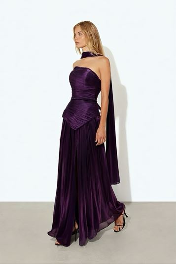 Mor Asimetrik Kesim Pileli Abiye Elbise